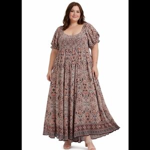 Avenue Boho Smocked Peasant Maxi Dress 22/24W NWT